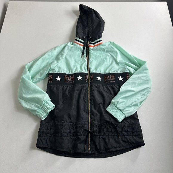 PE NATION X H&M Windbreaker Track Jacket Mint Green Hooded Rain Women Size Small - Picture 1 of 10